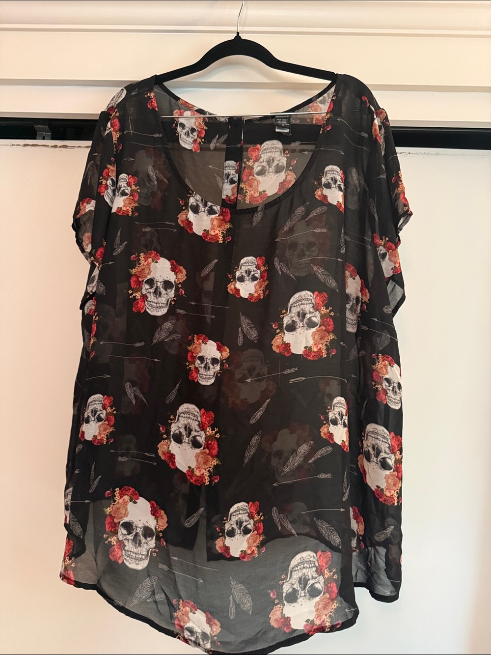 Torrid Floral Skull Sheer Black Short Sleeve Blouse